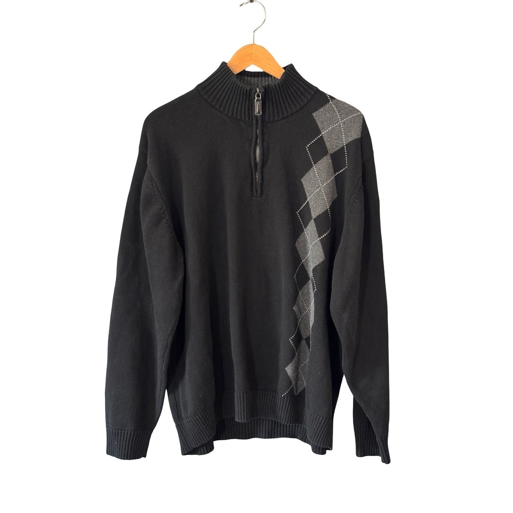 Oscar de la Renta Mens XL Black Argyle Quarter Zip 100% Cotton Sweater Mock Neck